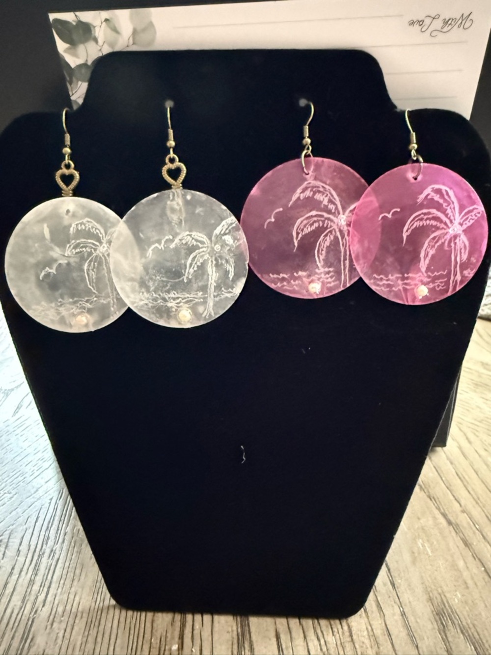 Handcrafted capiz shell engraved Beach Scene hypoallergenic Earrings 2 pair